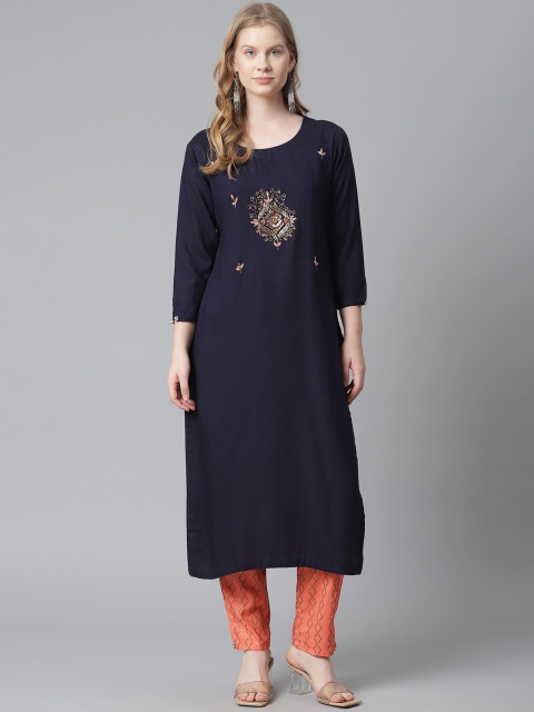 

HIGHLIGHT FASHION EXPORT Women Navy Blue Yoke Design Zardozi Kurta with Trousers