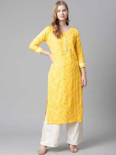 

HIGHLIGHT FASHION EXPORT Women Yellow Bandhani Print Sequinned Kurta with Palazzos