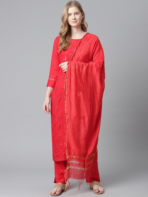 

HIGHLIGHT FASHION EXPORT Women Red Embroidered Mirror Work Kurta with Trousers & Dupatta