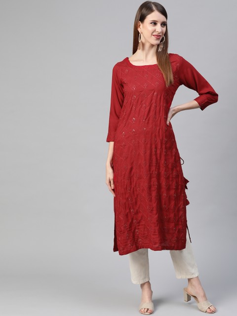 

HIGHLIGHT FASHION EXPORT Women Red Ethnic Motifs Embroidered Kurta