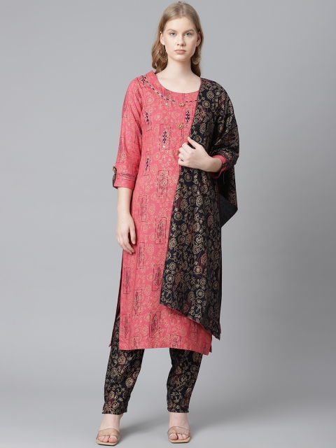 

HIGHLIGHT FASHION EXPORT Women Pink & Black Handwork Kurta with Trousers & With Dupatta