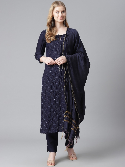 

HIGHLIGHT FASHION EXPORT Women Navy Blue Embroidered Kurta with Trousers & Dupatta