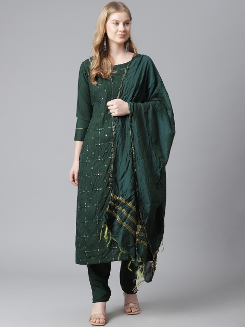 

HIGHLIGHT FASHION EXPORT Women Green Embroidered Sequinned Kurta with Trousers & Dupatta