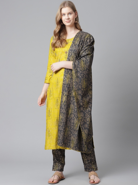 

HIGHLIGHT FASHION EXPORT Women Yellow & Grey Handwork Kurta with Trousers & With Dupatta