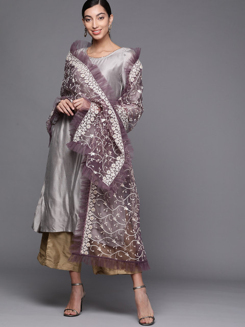 

Inddus Mauve & Off-White Ethnic Motifs Embroidered Embellished Ruffle Dupatta