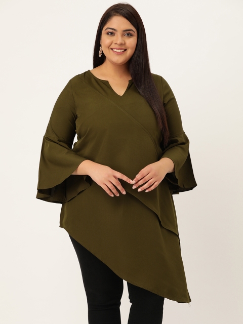 

Revolution Olive Green Solid Bell Sleeve Crepe High-Low Longline Top