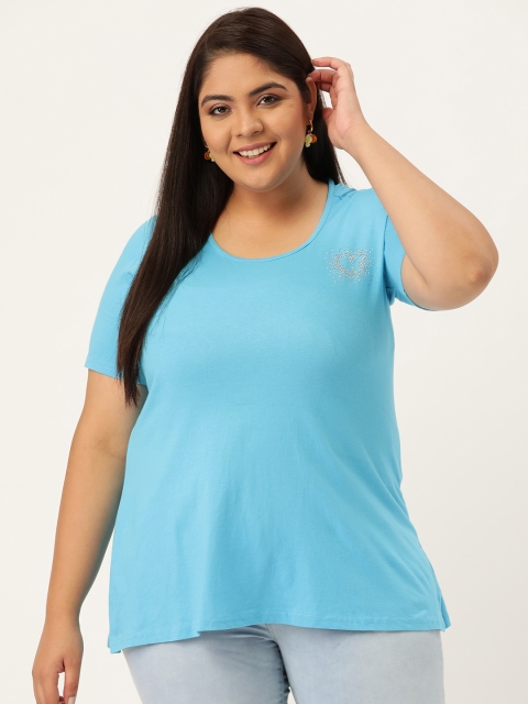 

Revolution Women Plus Size Turquoise Blue Pure Cotton T-shirt