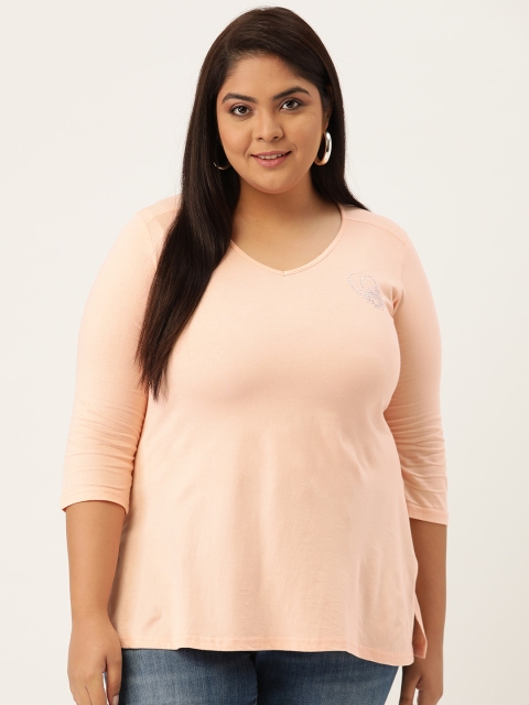 

Revolution Women Plus Size Peach-Coloured Pure Cotton V-Neck Pure Cotton T-shirt