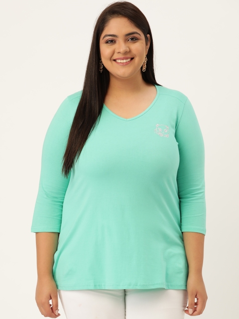 

Revolution Women Plus Size Sea Green Pure Cotton V-Neck Pure Cotton T-shirt