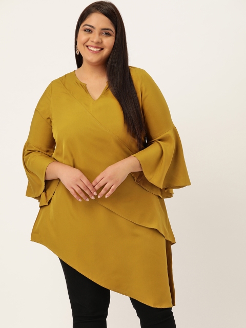 

Revolution Mustard Yellow Solid Bell Sleeve Crepe High-Low Longline Top