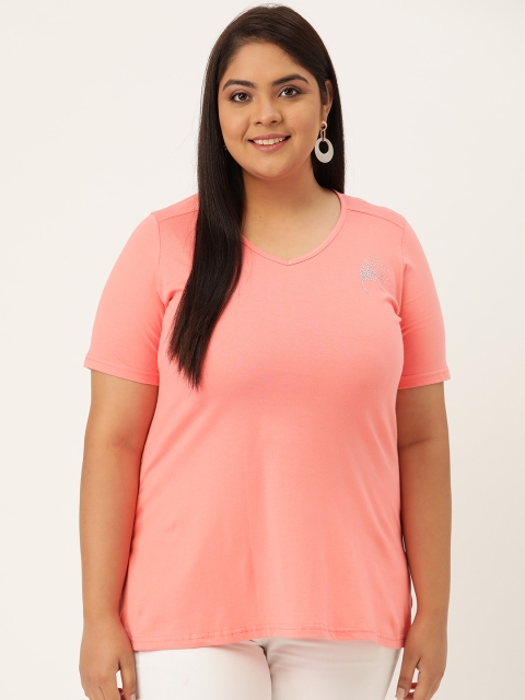 

Revolution Women Plus Size Peach-Coloured Solid Cotton V-Neck T-shirt