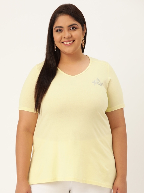 

Revolution Women Plus Size Yellow Solid Cotton T-shirt