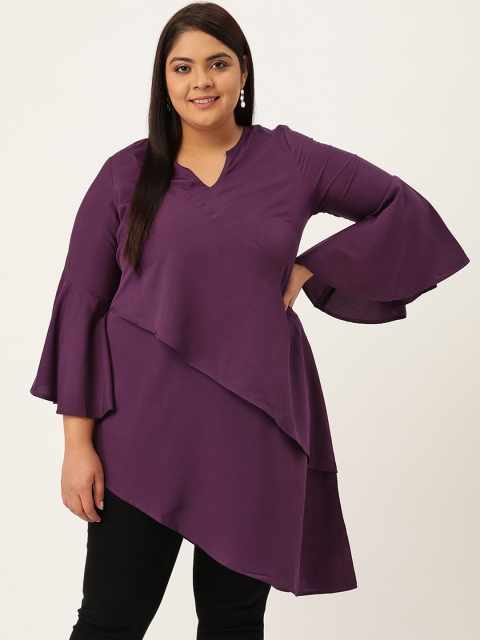 

Revolution Purple Solid Bell Sleeve Crepe High-Low Longline Top
