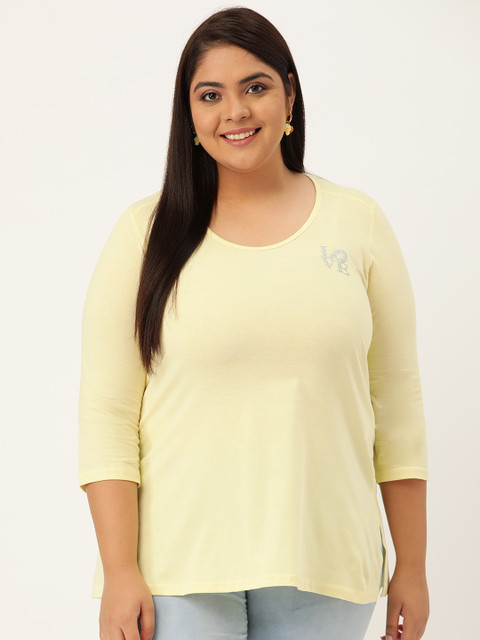 

Revolution Women Plus Size Yellow Solid Cotton V-Neck T-shirt
