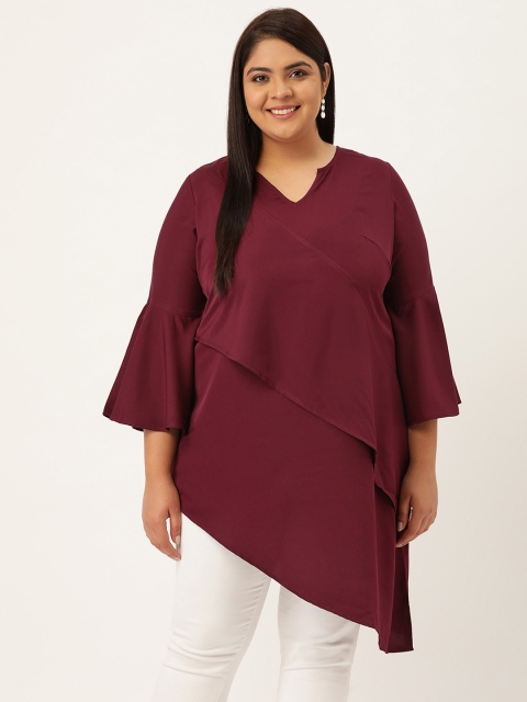 

Revolution Burgundy Solid Bell Sleeve Crepe High-Low Longline Top