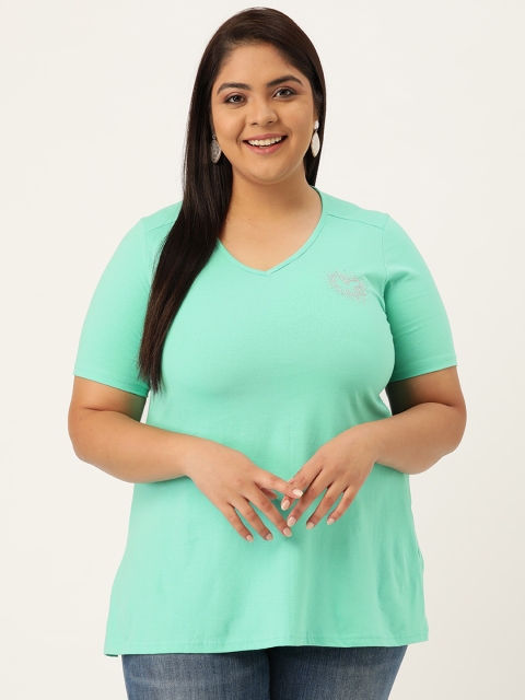 

Revolution Women Plus Size Sea Green Pure Cotton V-Neck Pure Cotton T-shirt