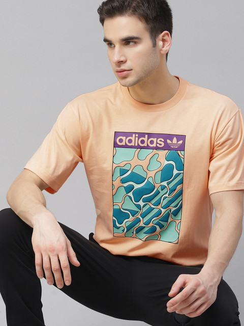 

ADIDAS Originals Men Peach-Coloured Summer Tounge Label Printed Round Neck T-shirt