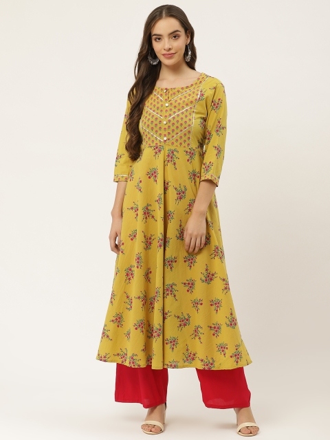 

FABRIC FITOOR Women Mustard Yellow & Pink Floral Printed Floral Anarkali Kurta