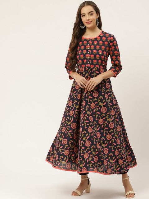 

FABRIC FITOOR Women Navy Blue & Peach-Coloured Ethnic Motifs Printed Indigo Anarkali Kurta