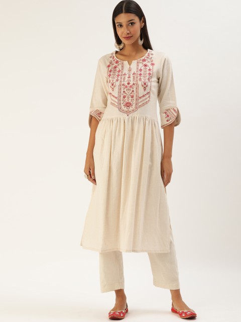 

Touch Trends Off White & Red Floral Embroidered V-Neck Thread Work Pure Cotton Thread Work Pleated Kurti