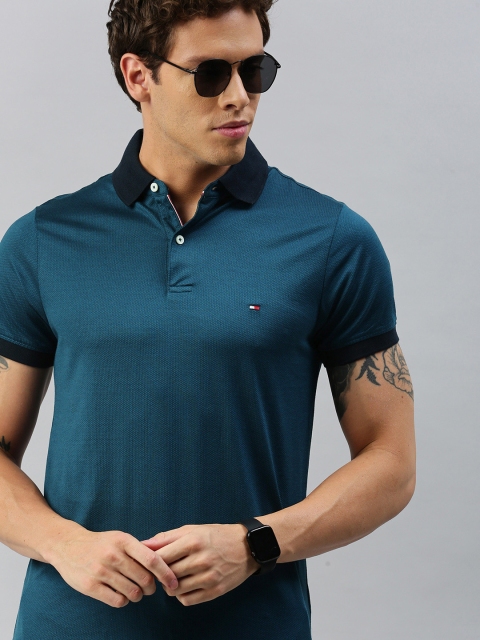 

Tommy Hilfiger Men Teal Blue Slim Fit Self Design Polo Collar Pure Cotton T-shirt