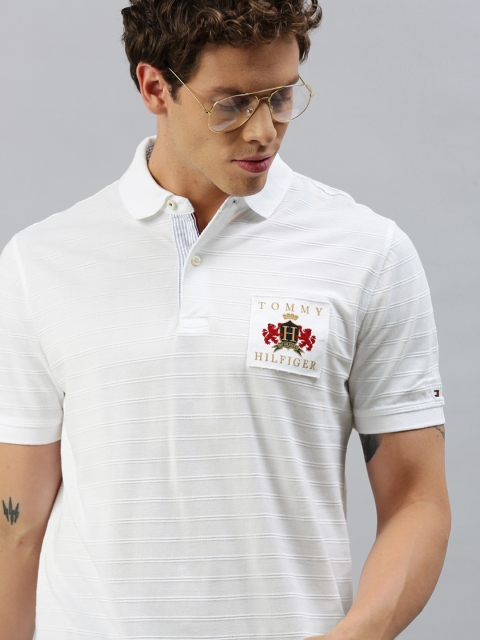 

Tommy Hilfiger Men White Self Striped Polo Collar Pure Cotton T-shirt with Applique