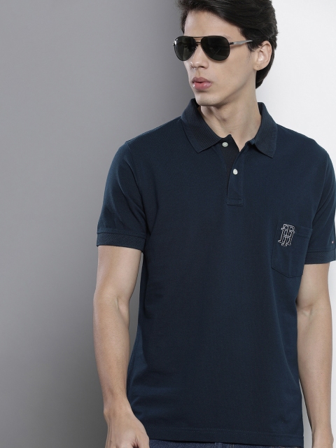 

Tommy Hilfiger Men Navy Blue Solid Polo Collar Pure Cotton T-shirt with Pocket