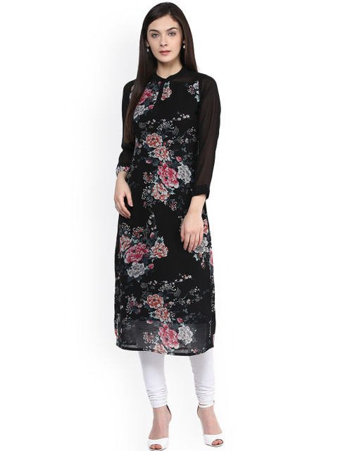 

Ives Black Floral Print Georgette Kurta
