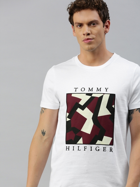 

Tommy Hilfiger Men White Printed Pure Cotton T-shirt with Brand Logo Embroidery