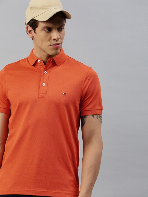 

Tommy Hilfiger Men Rust Orange Polo Collar Slim Fit Pure Cotton T-shirt