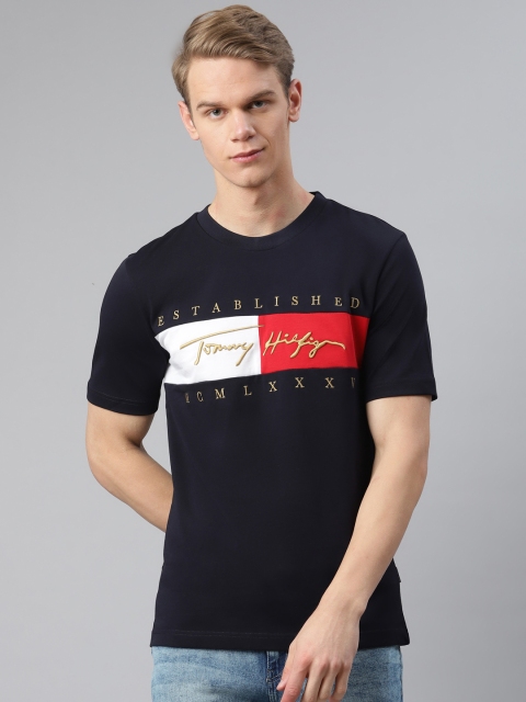 

Tommy Hilfiger Men Navy Blue Printed Relaxed Fit Round Neck Pure Cotton T-shirt