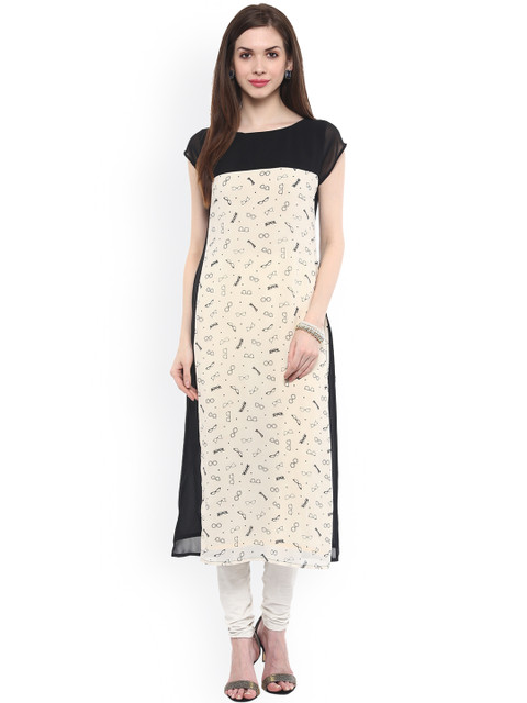 

Ives Off-White & Black Quirky Printed Georgette Kurta