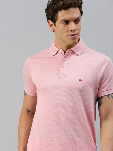 

Tommy Hilfiger Men Pink Slim Fit Self Design Polo Collar T-shirt