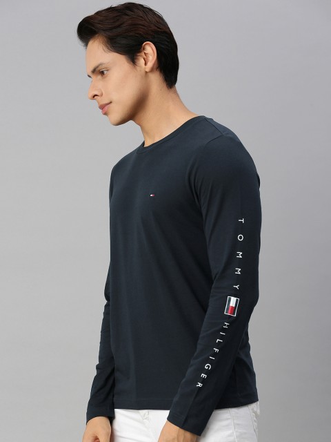 

Tommy Hilfiger Men Navy Blue Pure Cotton T-shirt with Print on Sleeves