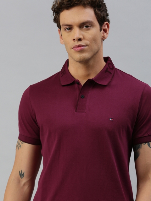 

Tommy Hilfiger Men Burgundy Slim Fit Solid Polo Collar Pure Cotton T-shirt