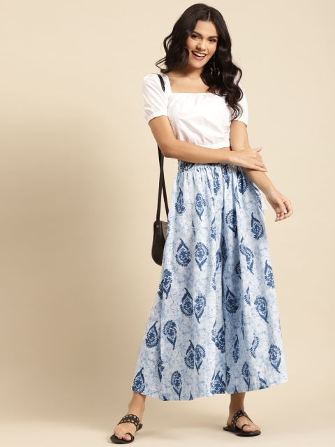

TAG 7 Women White & Blue Printed Flared Palazzos