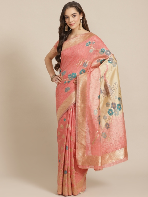 

SHANGRILA Peach-Coloured & Blue Woven Design Kasavu Saree