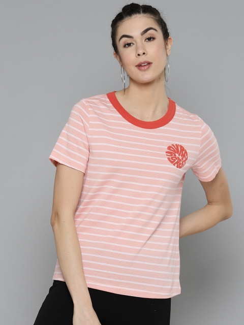 

VividArtsy Women Peach-Coloured & White Pure Cotton Striped Round Neck T-shirt