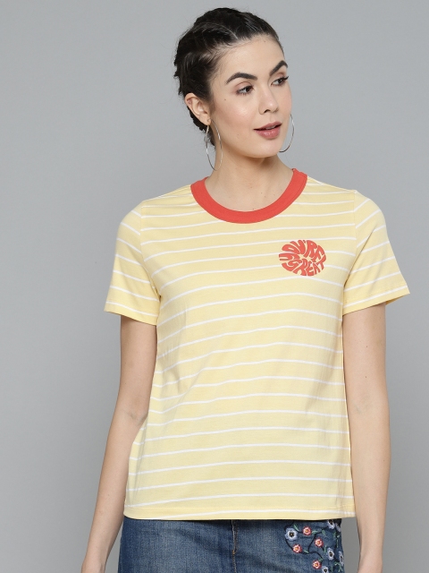 

VividArtsy Women Yellow & White Pure Cotton Striped Round Neck T-shirt