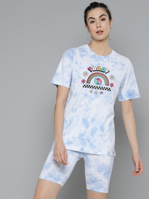 

VividArtsy Women Blue & White Dyed T-shirt and Cycling Shorts Co-Ord Set