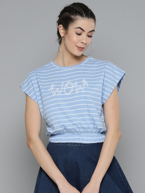 

VividArtsy Women Blue & White Striped Pure Cotton Cinched Waist Top