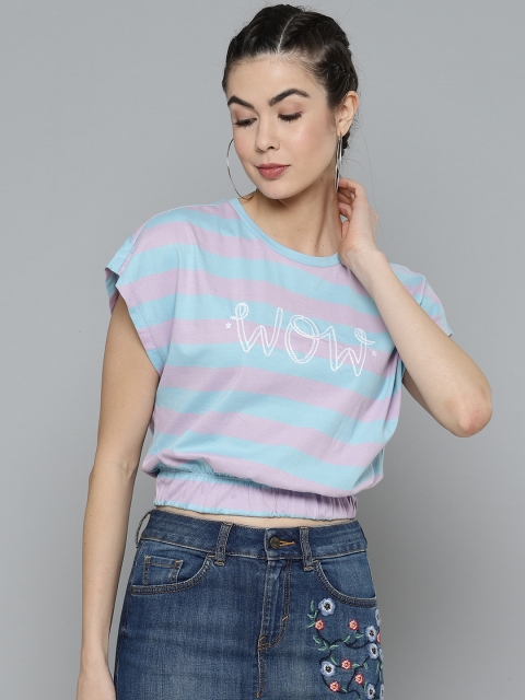 

VividArtsy Women Blue & Pink Striped Pure Cotton Cinched Waist Top