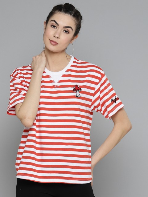 

VividArtsy Women Red & White Striped Round Neck T-shirt