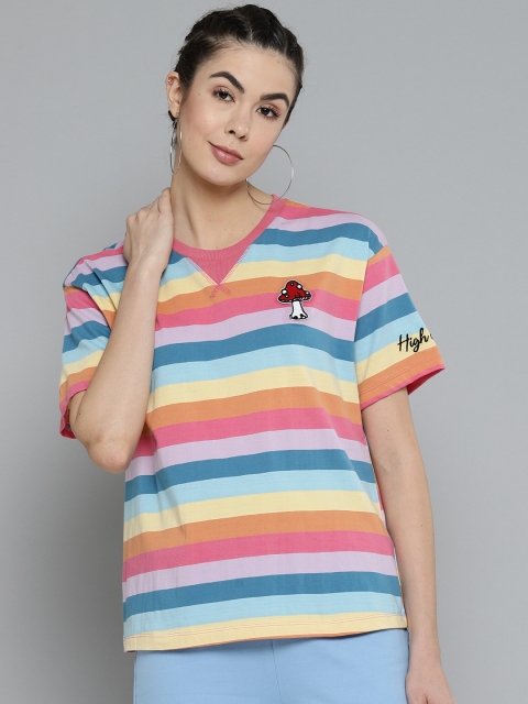 

VividArtsy Women Blue & Pink Pure Cotton Striped Round Neck T-shirt