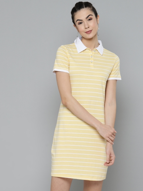 

VividArtsy Women Yellow Striped T-shirt Dress
