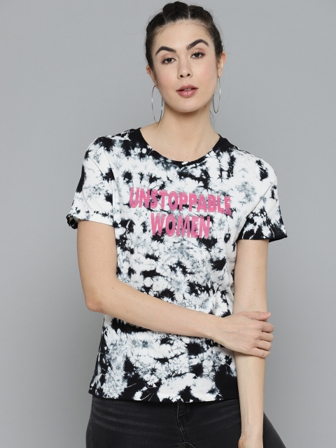 

VividArtsy Women White & Black Pure Cotton Dyed Round Neck T-shirt