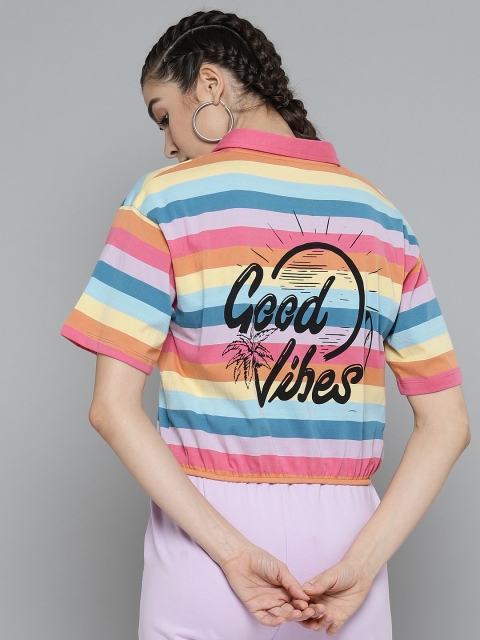 

VividArtsy Yellow & Blue Striped Pure Cotton Blouson Top