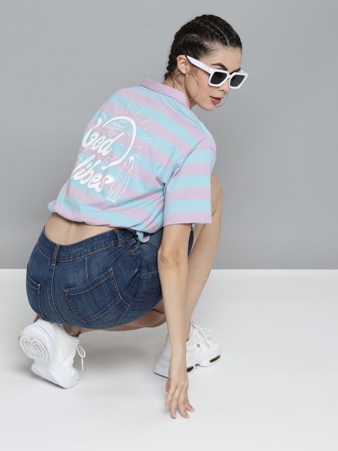 

VividArtsy Women Blue & Pink Striped Pure Cotton Blouson Top