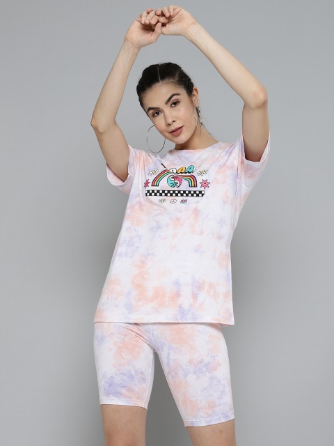 

VividArtsy Women Peach-Coloured & Purple Dyed T-shirt and Cycling Shorts Co-Ord Set
