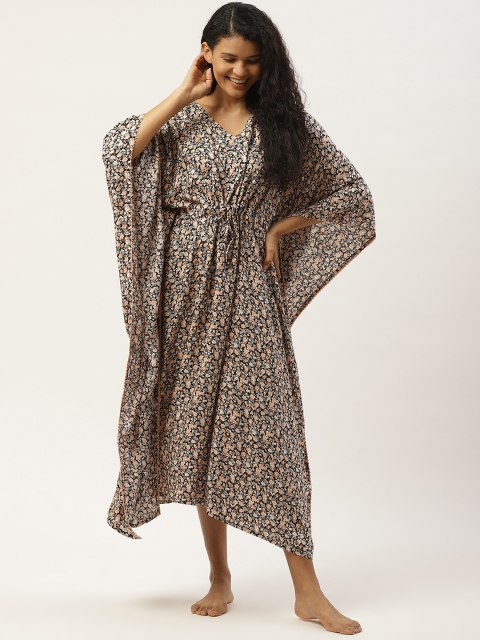 

COTCLO Black & Peach-Coloured Ditsy Floral Print Midi Kaftan Nightdress